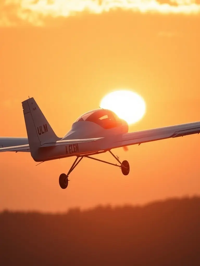 A close-up shot of an ultralight aircraft taking off at sunrise, with the ULM CLUB MONTMORELIEN logo subtly visible on the tail. The image should convey a sense of adventure and freedom.