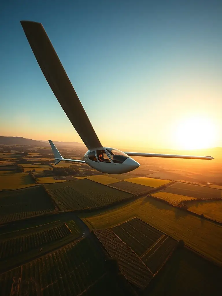 An ultralight aircraft soaring over the French countryside, capturing the beauty of the landscape from a unique perspective. The image should evoke a sense of peace and tranquility.