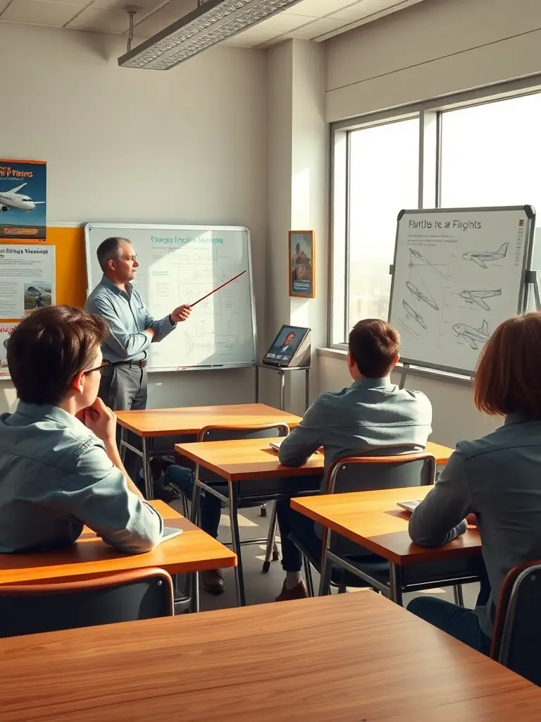A group of students in a classroom setting, attentively listening to an instructor explain the principles of flight. The atmosphere should be engaging and supportive.