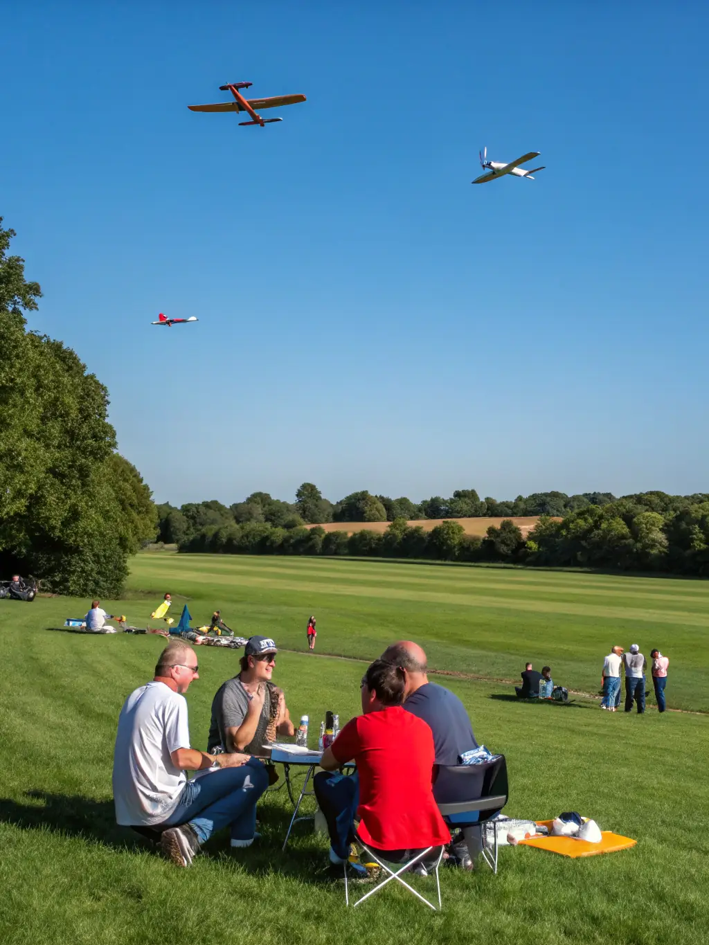 Members of ULM CLUB MONTMORELIEN gathered at an aviation event, showcasing their aircraft and interacting with the public. The image should convey a sense of community and camaraderie.