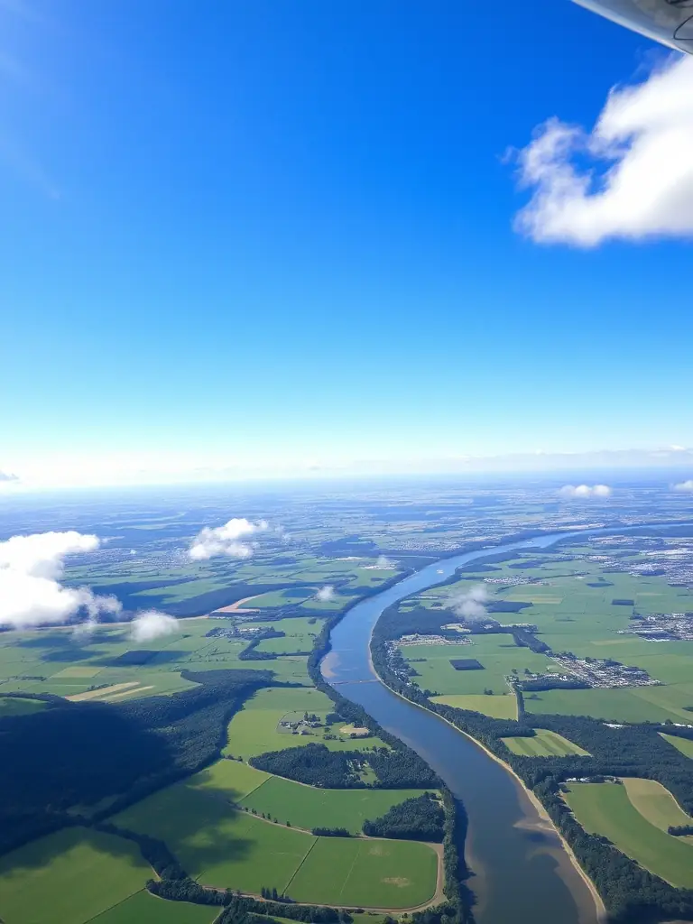 An aerial view of an ultralight aircraft soaring over the Montmoreau countryside, capturing the scenic beauty and freedom of flight offered by ULM CLUB MONTMORELIEN.