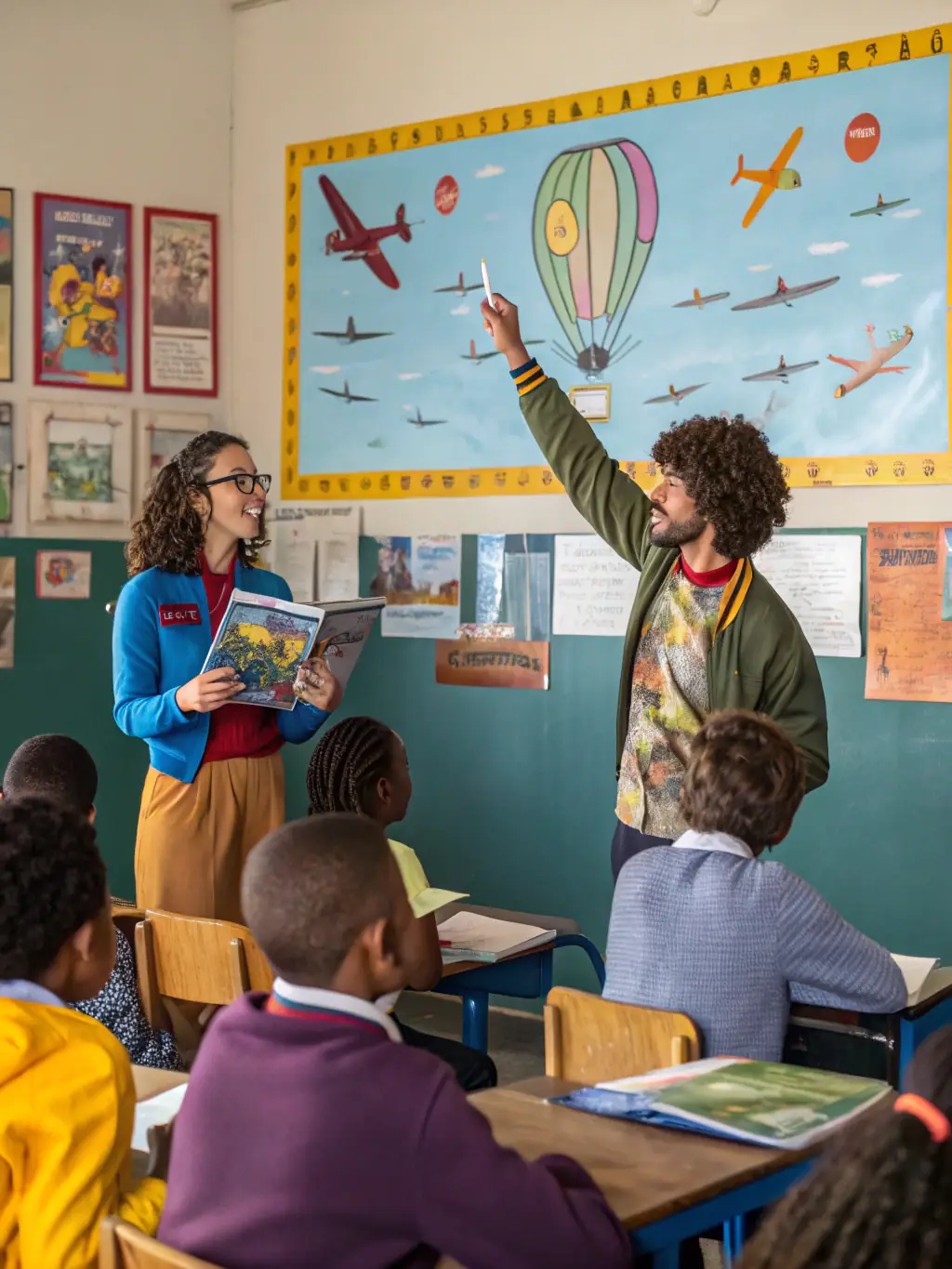 A classroom setting where students are learning about aviation theory, with an instructor explaining concepts on a whiteboard. The atmosphere is engaging and interactive.