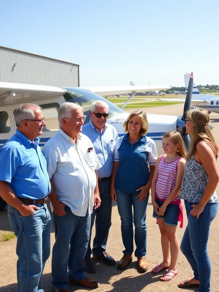 A group of ULM CLUB MONTMORELIEN members gathered at the airfield, sharing stories and experiences, highlighting the community aspect.