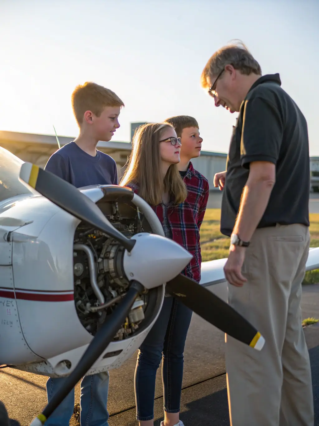 A group of students participating in a pre-flight inspection of an ultralight aircraft, guided by an experienced instructor. The focus is on safety and attention to detail.