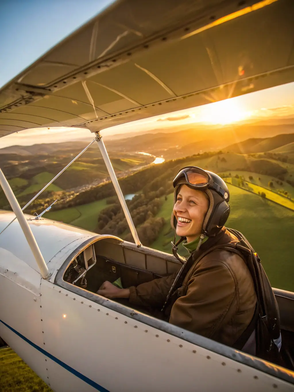 A high-definition photo of a person experiencing their first discovery flight in an ultralight aircraft, with a wide smile and a scenic landscape in the background, capturing the excitement and joy of the experience.