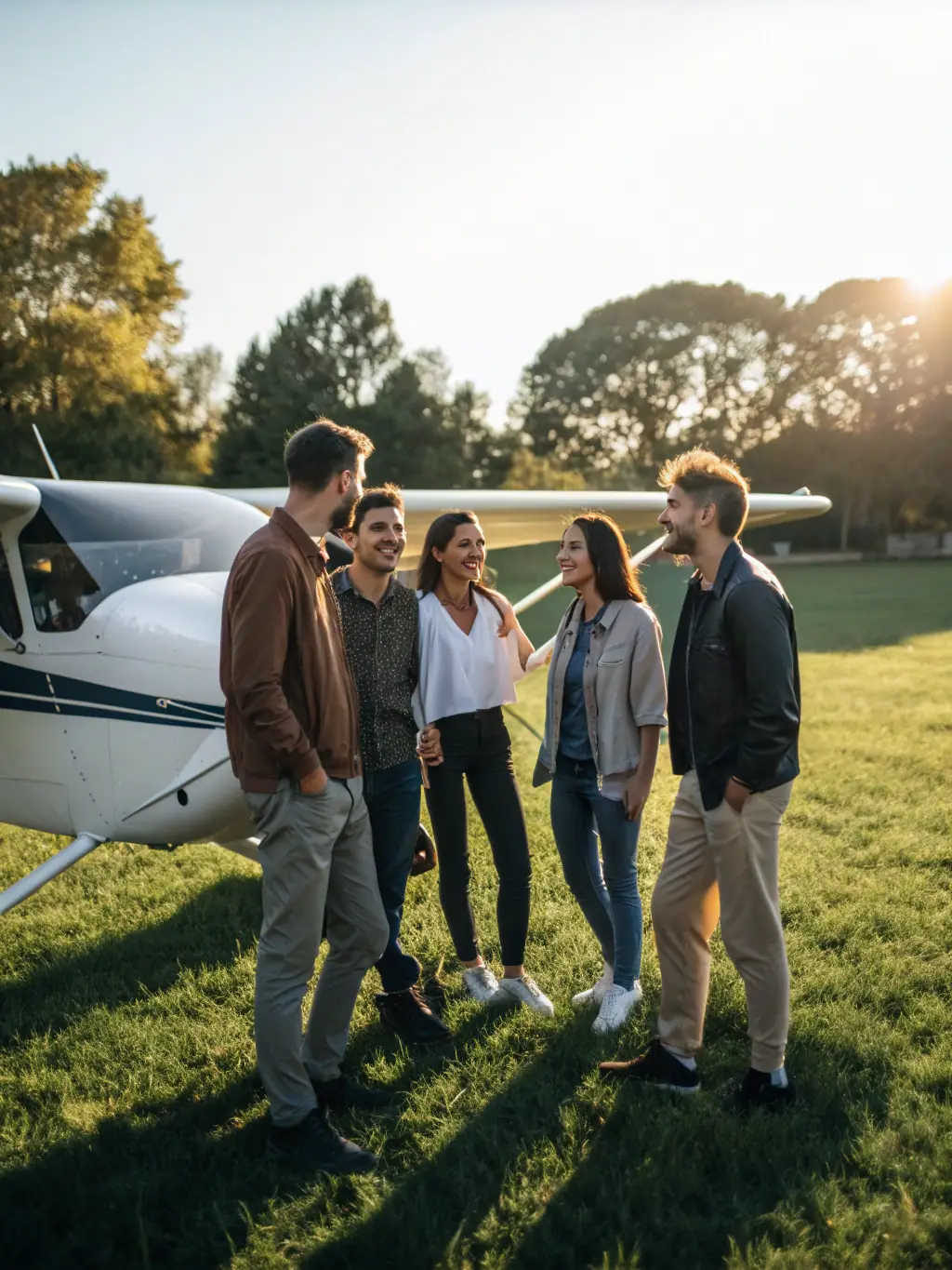 A group of ULM CLUB MONTMORELIEN members gathered at the airfield, inspecting their aircraft and sharing aviation stories, showcasing the club's community spirit.