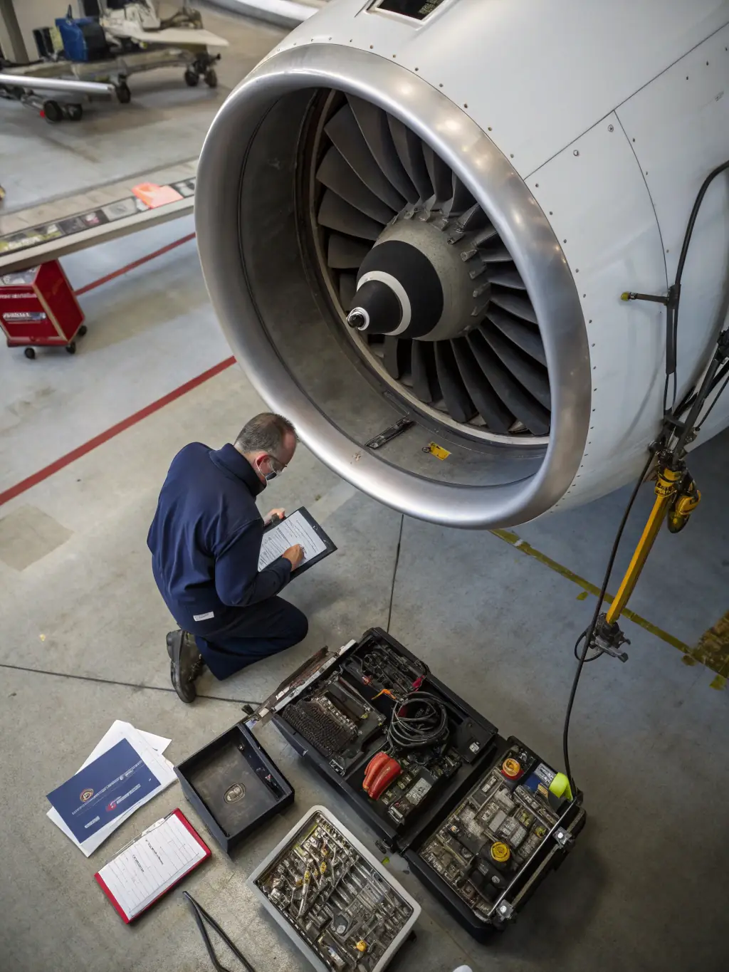 A detailed shot of an ultralight aircraft engine being inspected and maintained by a ULM CLUB MONTMORELIEN member, emphasizing the importance of technical skills and safety.